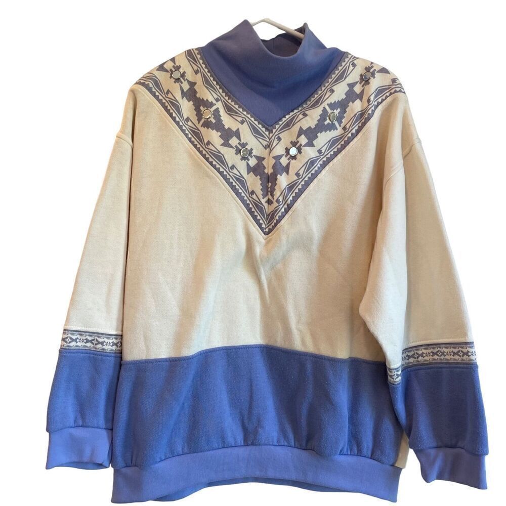 Gitano Woman Collections Sweater 18W 80s Blue Patterned Aztec Mirror Button
